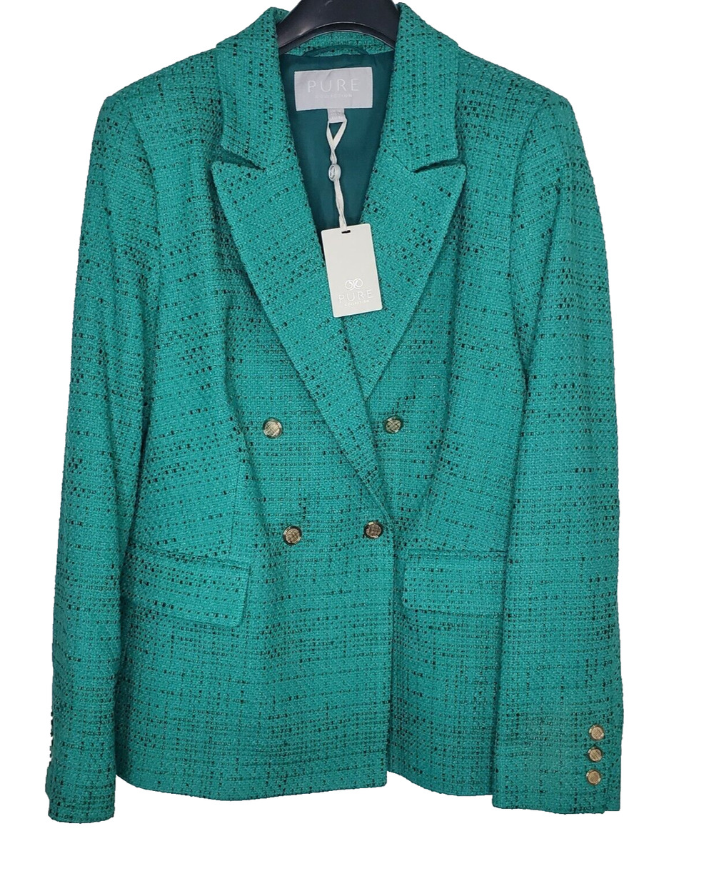 Pure Collection Womens Blazer Green Textured Double Breasted Gold Buttons SZ 12